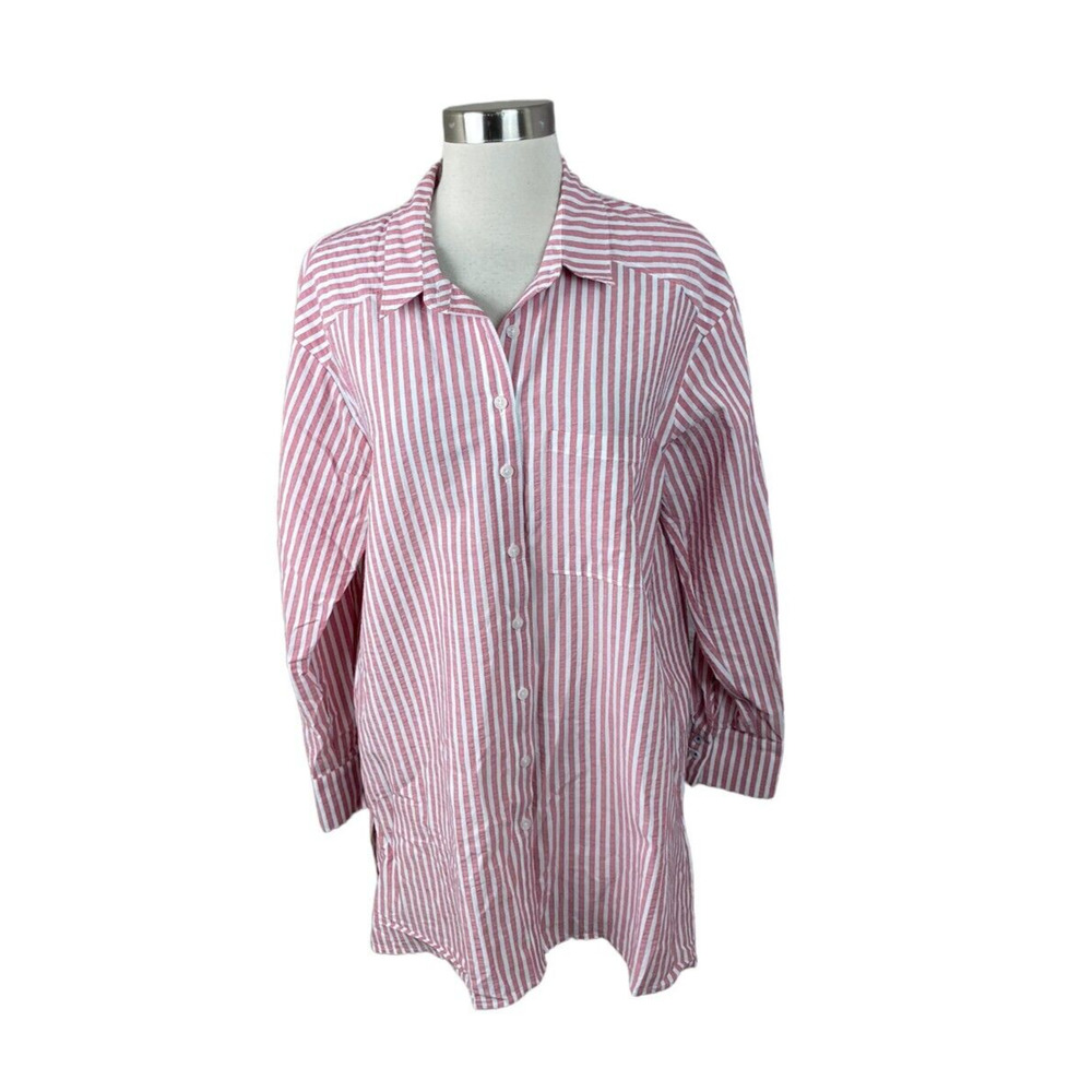by Anthropologie Red White Stripe High Low Button Front Tunic Shirt Size Large